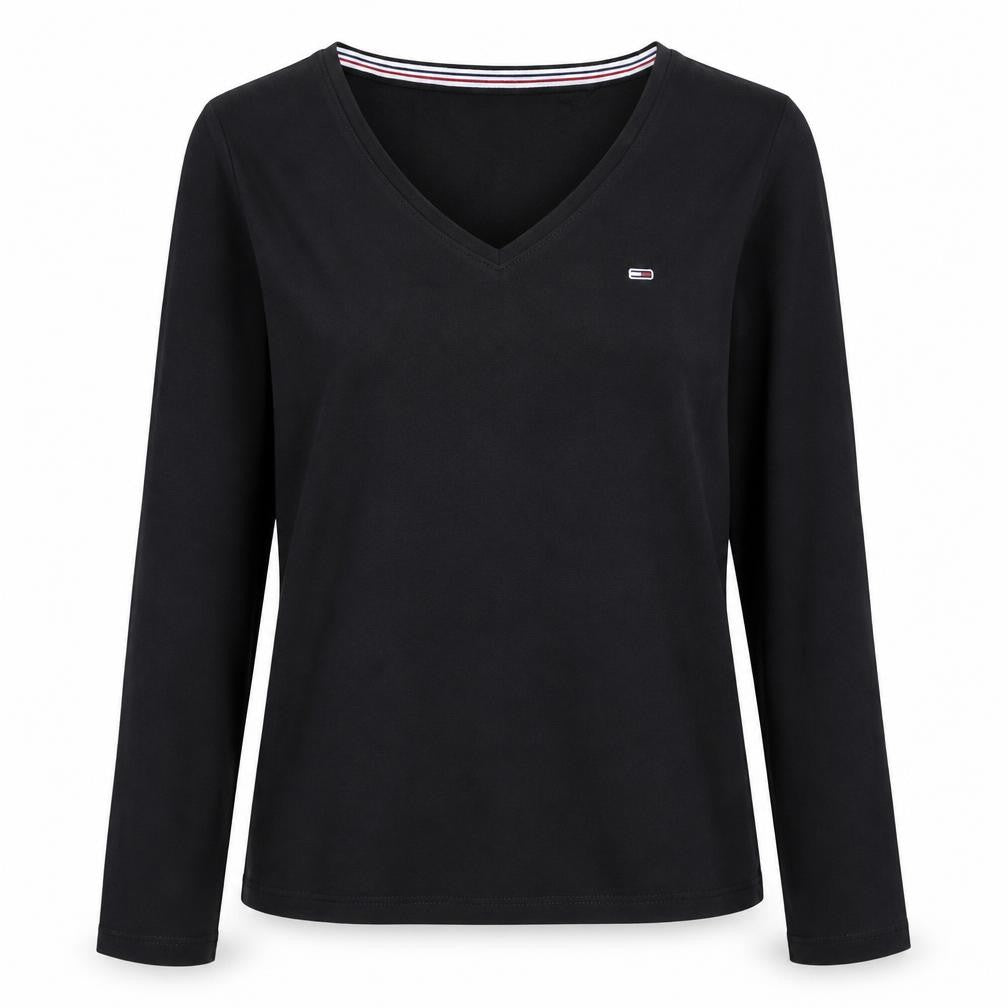 Tommy Jeans Womens Black Long Sleeve V-Neck Cotton T-Shirt L