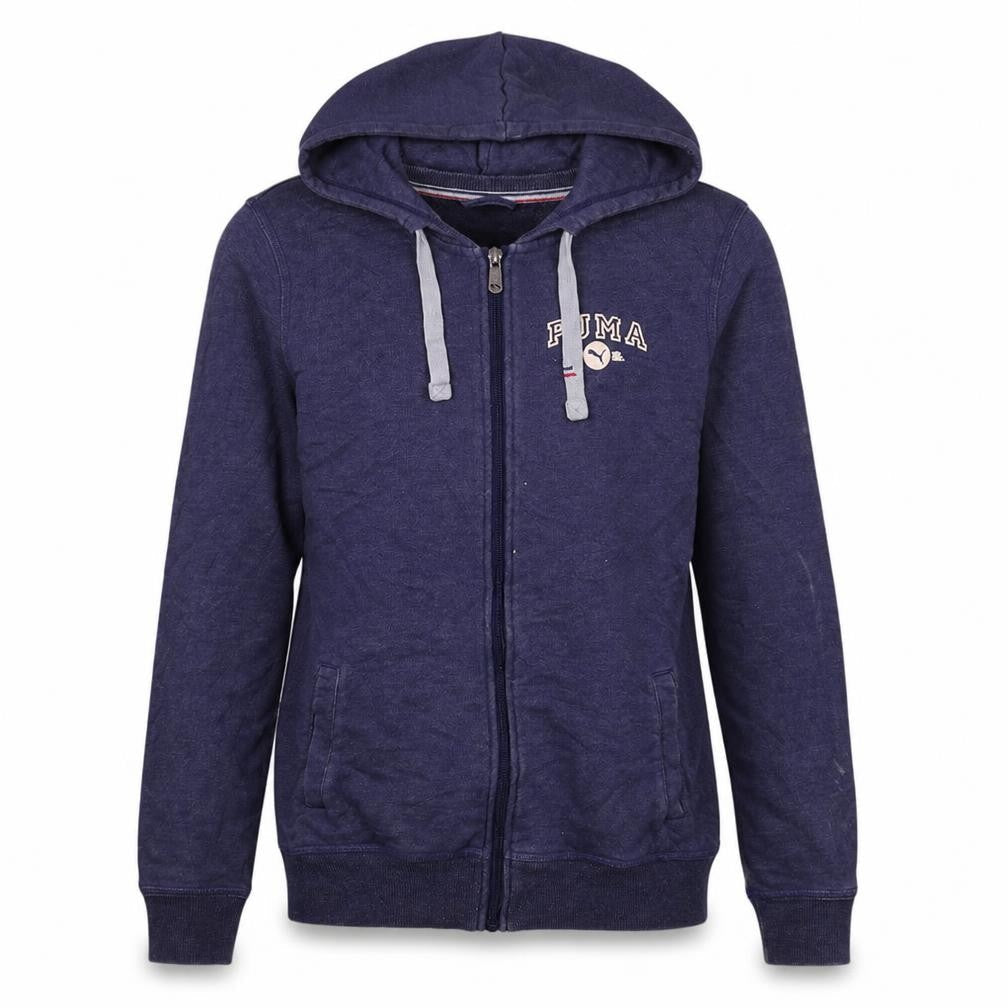Front view of Puma Women Blue Full Zip Hoodie, size 12, Cotton Blend Casual