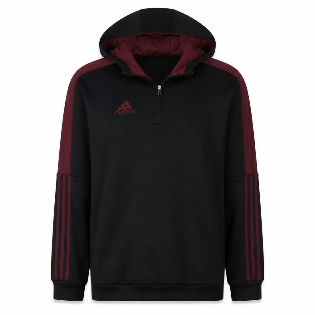 Front view of Adidas Men's Black & Burgundy 1/4 Zip Hoodie, size M, Sportswear
