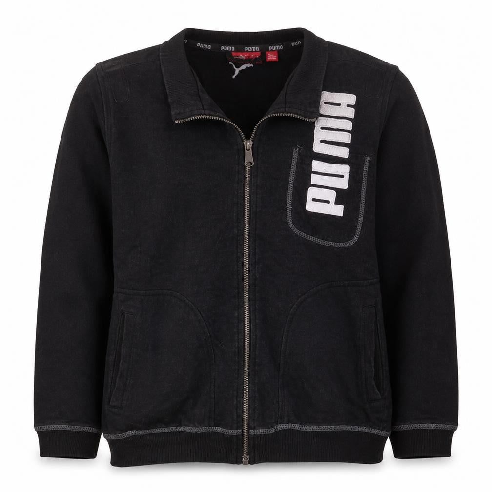 Front view of Puma boys’ black full zip sweatshirt, size 12, years logo fleece