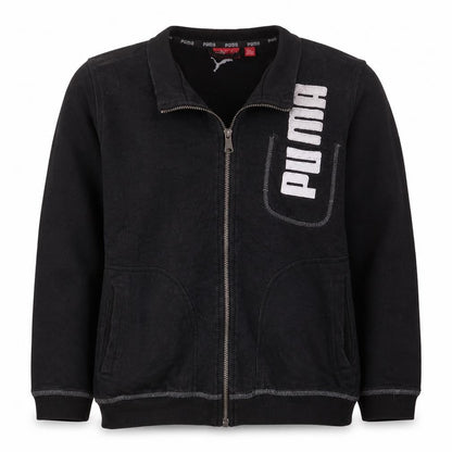 Front view of Puma boys’ black full zip sweatshirt, size 12, years logo fleece