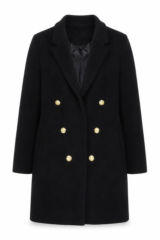 Boohoo Women’s Black Double Breasted Coat UK 12 Gold Button Smart Long