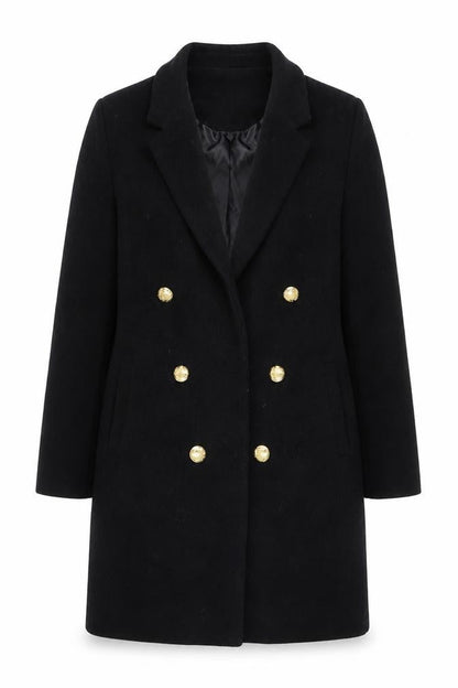 Boohoo Women’s Black Double Breasted Coat UK 12 Gold Button Smart Long
