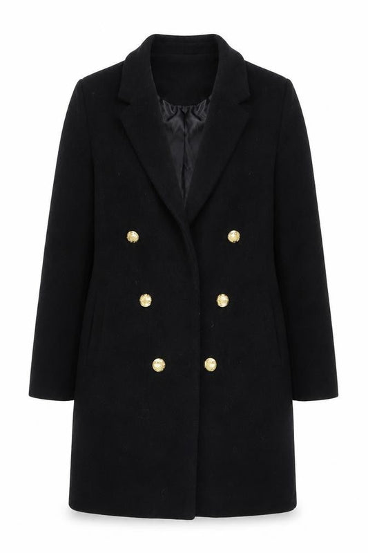 Boohoo Women’s Black Double Breasted Coat UK 12 Gold Button Smart Long