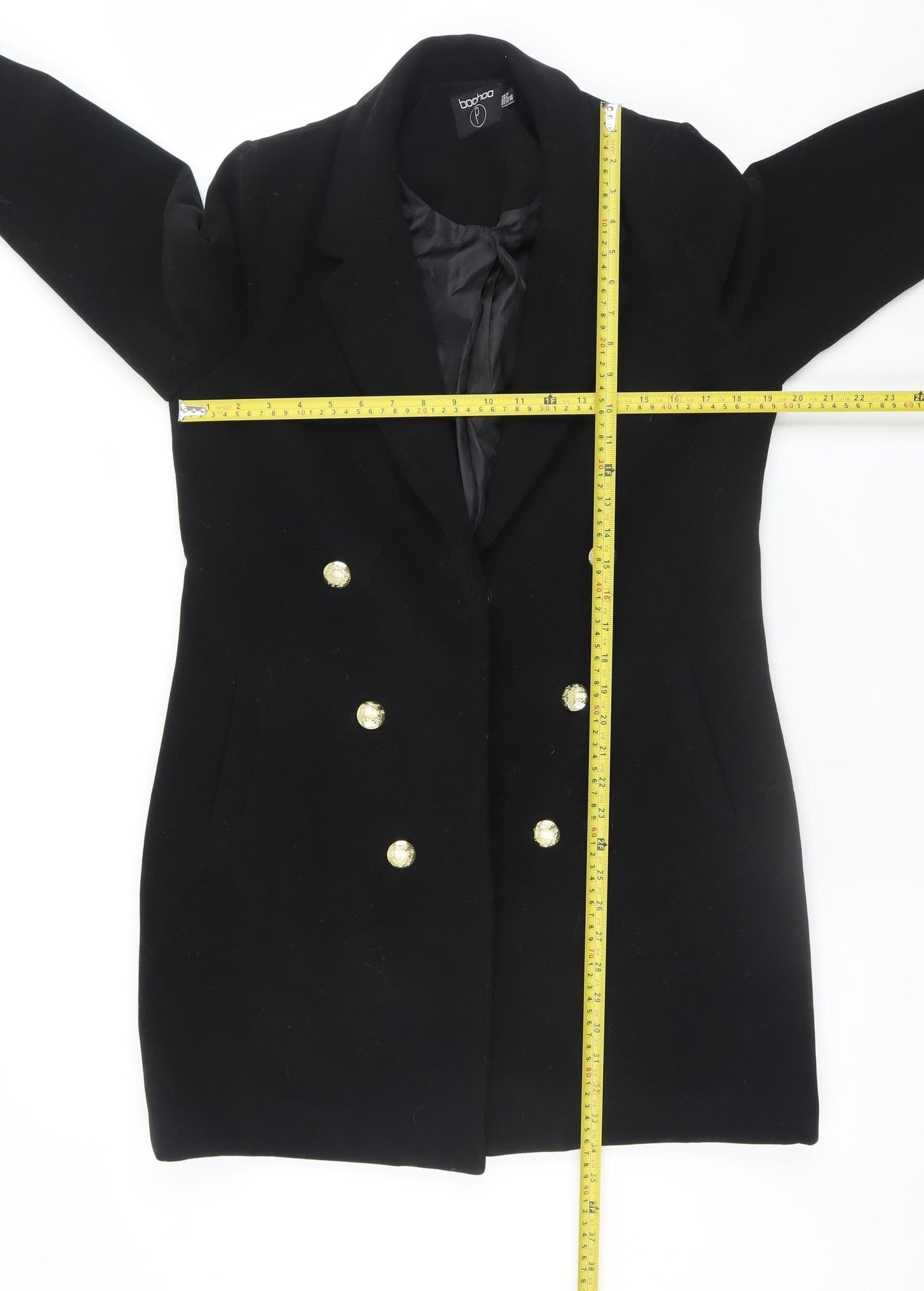 Boohoo Women’s Black Double Breasted Coat UK 12 Gold Button Smart Long