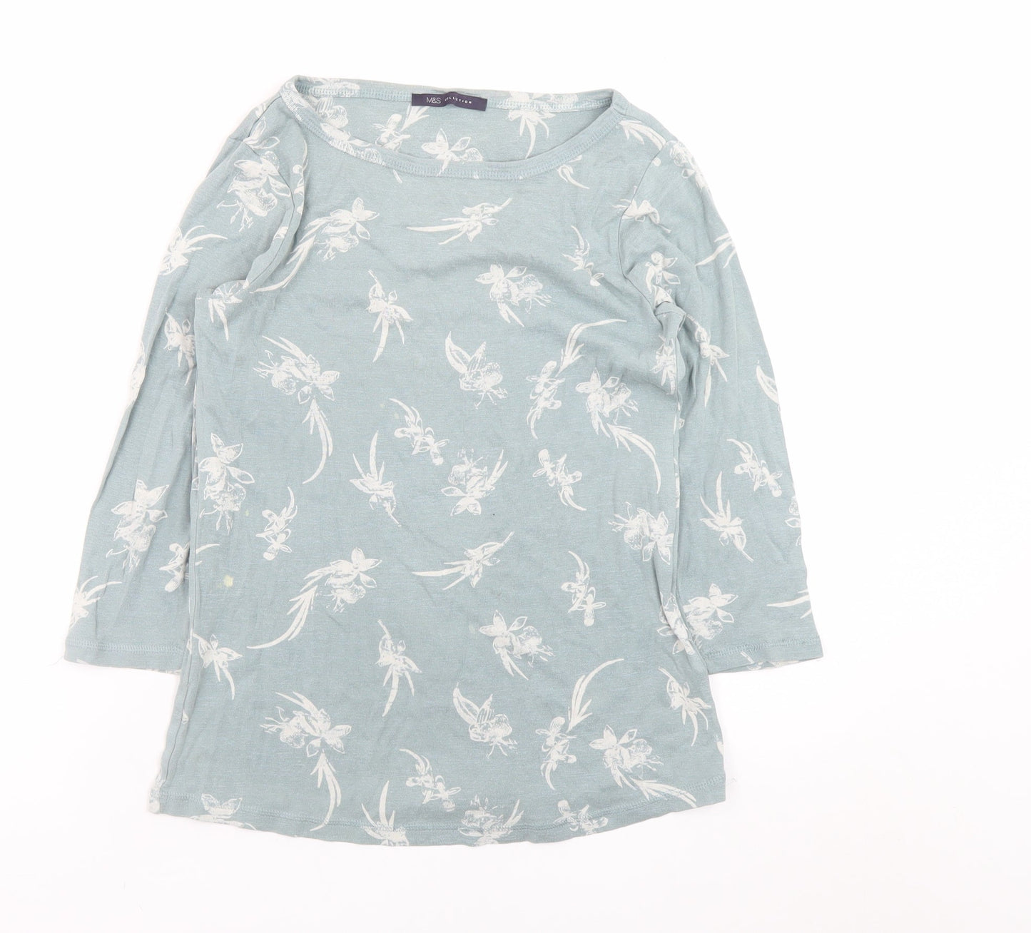 Marks and Spencer Women's Blue Floral 3/4 Sleeve Cotton T-Shirt Size 12