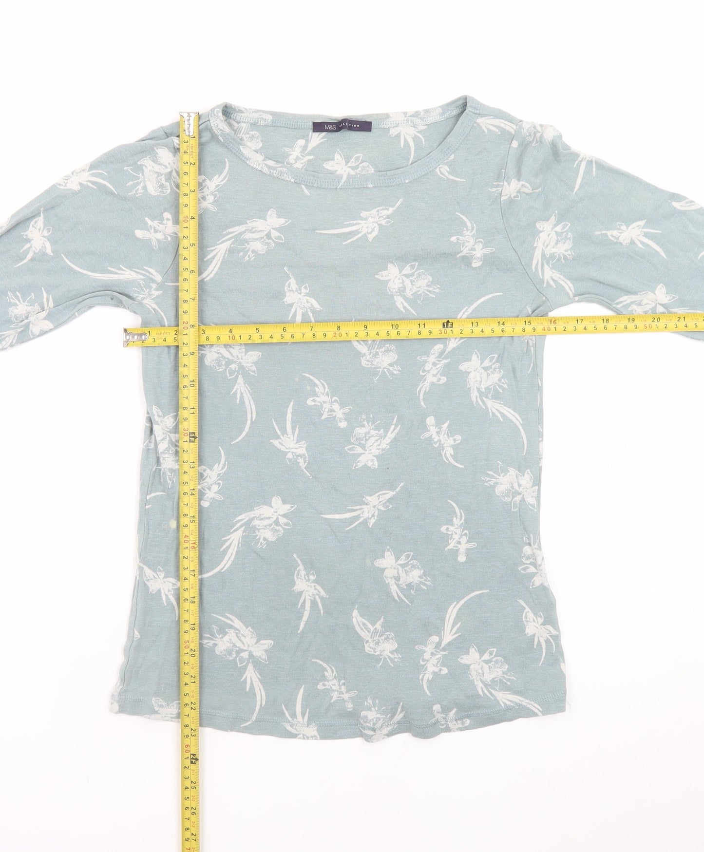 Marks and Spencer Women's Blue Floral 3/4 Sleeve Cotton T-Shirt Size 12
