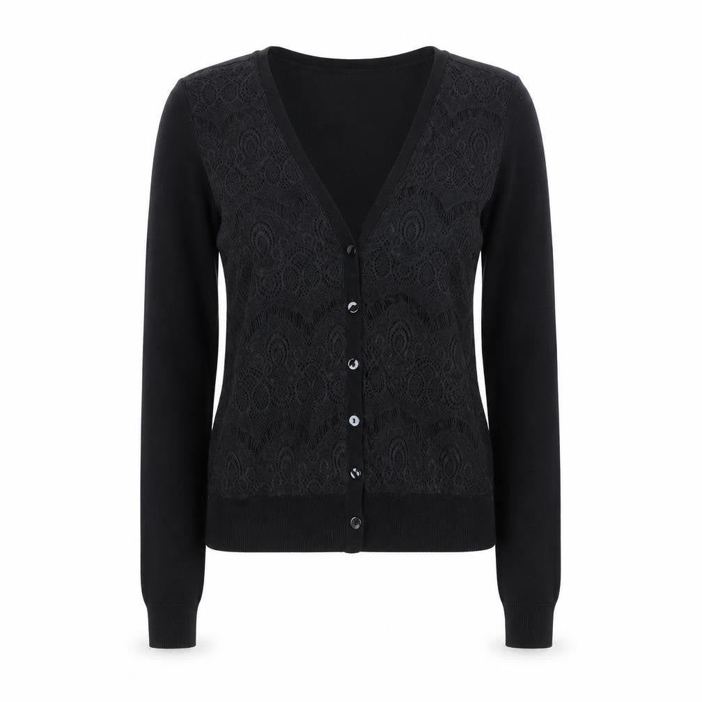 Front view of ESPRIT Women's Black Viscose Knit V-Neck Button Cardigan XS