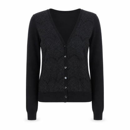 Front view of ESPRIT Women's Black Viscose Knit V-Neck Button Cardigan XS