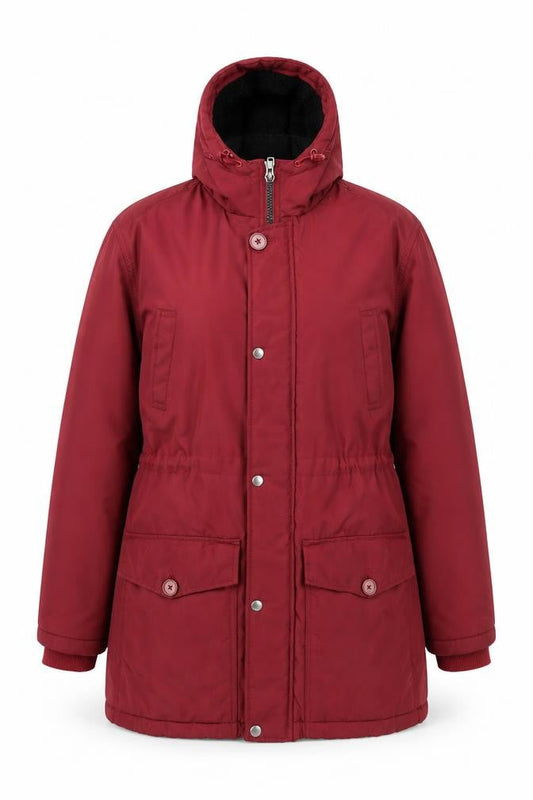 Front view of Jacamo unisex adults red long parka jacket l hooded polyester