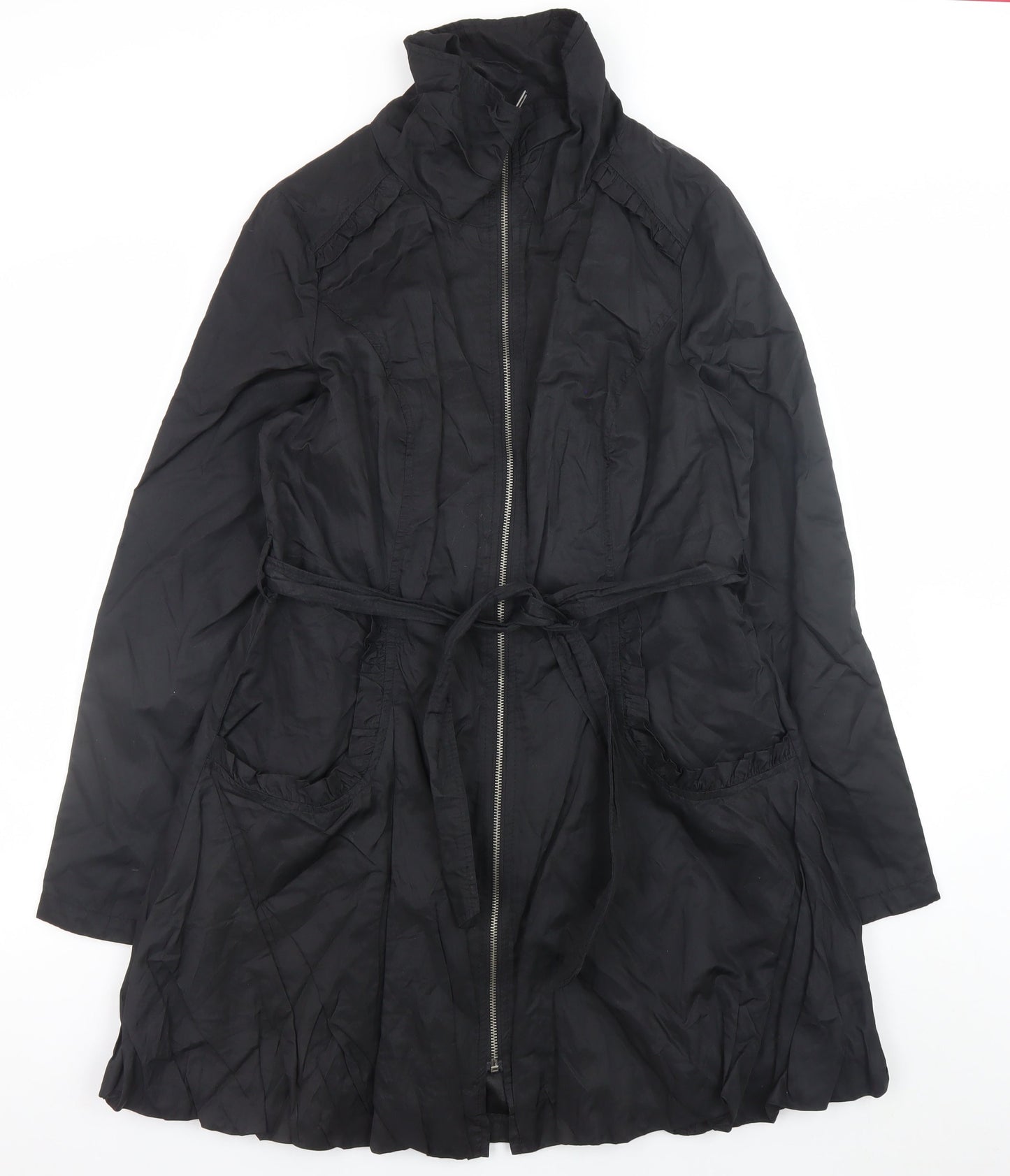 Wallis Women’s Black Long Trench Coat Size 14 Belted Zip Cotton Blend