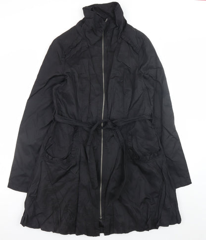 Wallis Women’s Black Long Trench Coat Size 14 Belted Zip Cotton Blend
