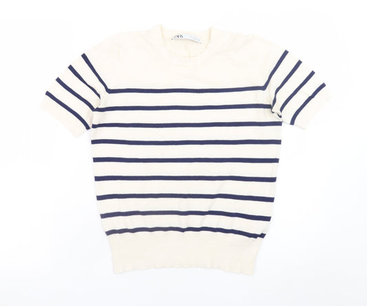 Zara Women Ivory Navy Striped Short Sleeve Knit Jumper Size S