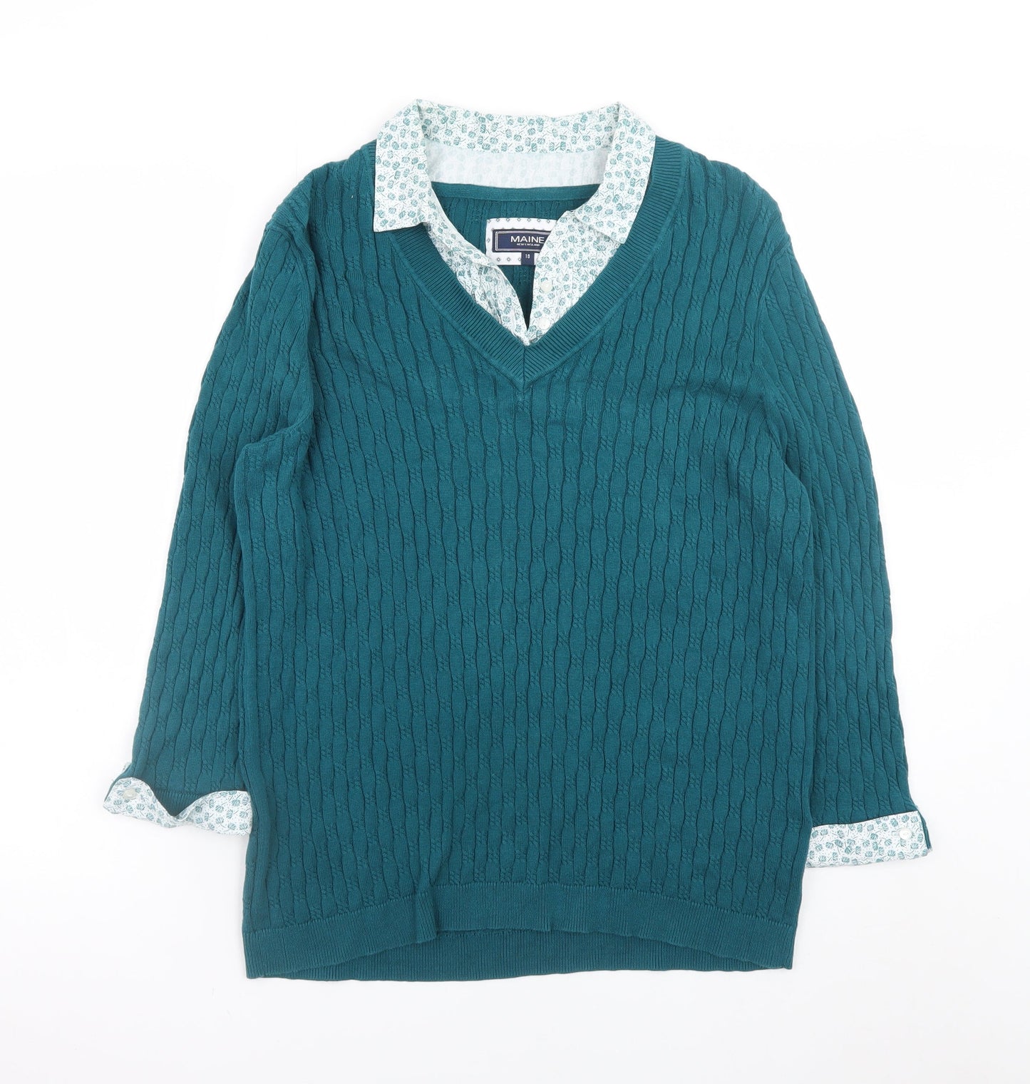Maine New England Womens Green Cotton Cable Knit V-Neck Jumper Size 18