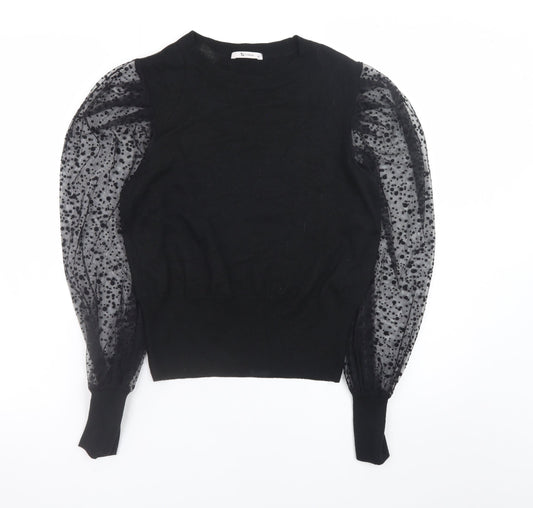 Tu Women Black Puff Sleeve Crew Neck Pullover Jumper Size 12