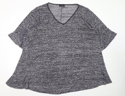 Yours Womens Grey Animal Print Viscose Blend Plus Size 22/24 V-Neck T-Shirt