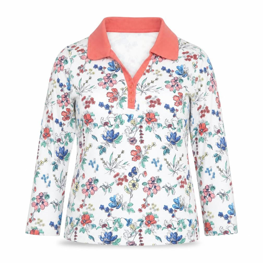Isle Essentials Women's Multicoloured Floral Collared Long Sleeve Cotton Top Size S 10-12