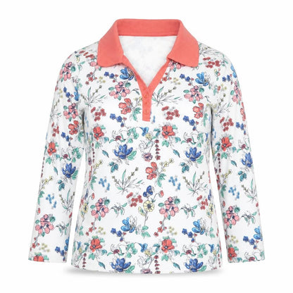 Isle Essentials Women's Multicoloured Floral Collared Long Sleeve Cotton Top Size S 10-12