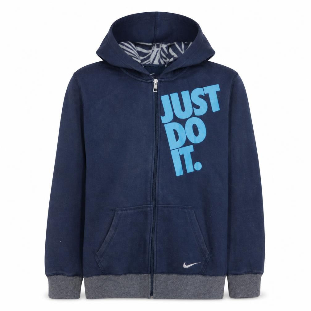 Front view of Nike boys’ blue full zip hoodie xl 13-15 years just do it logo fleece