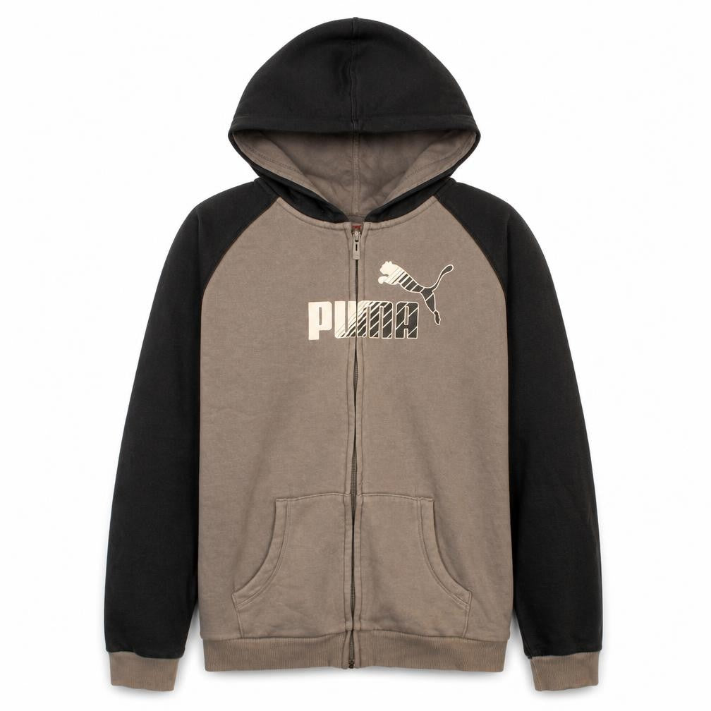 Front view of Puma boys’ brown full zip hoodie 16 years graphic logo hooded sweatshirt