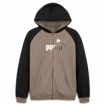 Front view of Puma boys’ brown full zip hoodie 16 years graphic logo hooded sweatshirt