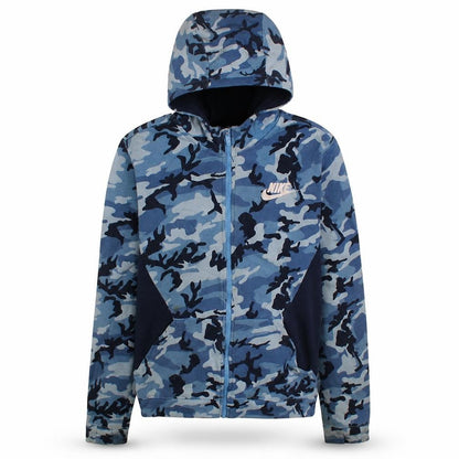 Front view of Nike boys’ blue camouflage full zip hoodie fleece xl