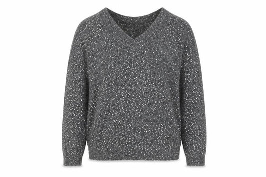 Hush Women Grey Sequin V-Neck Wool Blend Pullover Jumper M