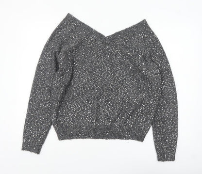 Hush Women Grey Sequin V-Neck Wool Blend Pullover Jumper M
