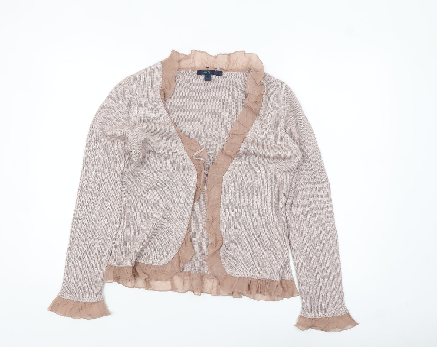 Boden Women Beige Ruffle Trim Long Sleeve Cardigan Size 14 Linen Blend