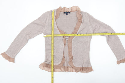 Boden Women Beige Ruffle Trim Long Sleeve Cardigan Size 14 Linen Blend
