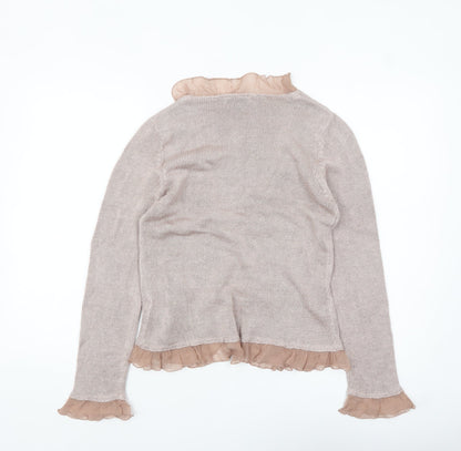 Boden Women Beige Ruffle Trim Long Sleeve Cardigan Size 14 Linen Blend