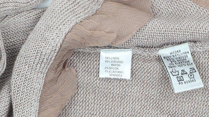 Boden Women Beige Ruffle Trim Long Sleeve Cardigan Size 14 Linen Blend