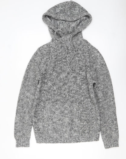 Pull & Bear Women's Grey Hooded Knit Jumper Size 12