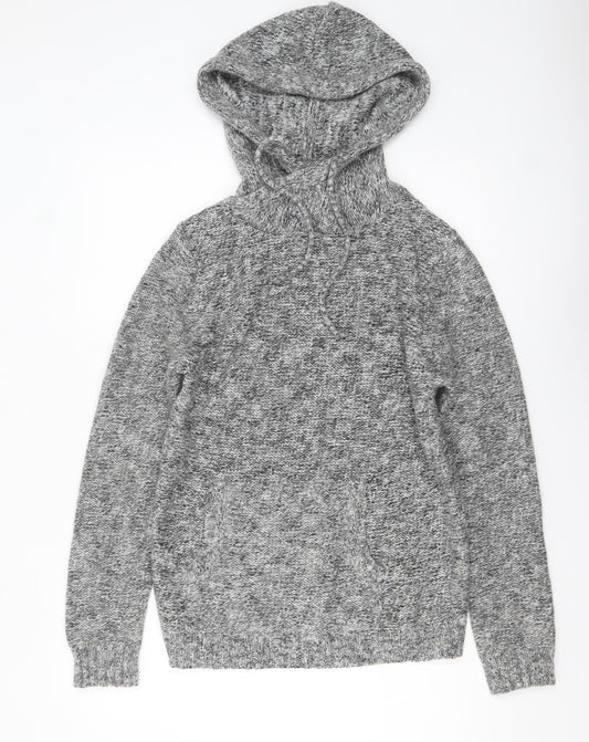 Pull & Bear Women's Grey Hooded Knit Jumper Size 12