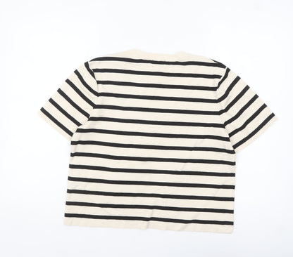 H&M Women Beige Black Striped Cotton Short Sleeve Pullover Jumper Size 12