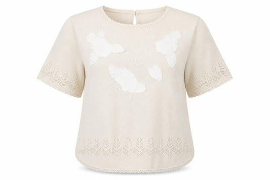 ABEL Women's Beige Knit Tunic Blouse XL Short Sleeve Embroidered Top