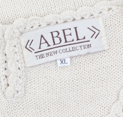 ABEL Women's Beige Knit Tunic Blouse XL Short Sleeve Embroidered Top