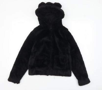 H&M Girls Black Faux Fur Hooded Jacket 11-12 Years Lined Animal Ears
