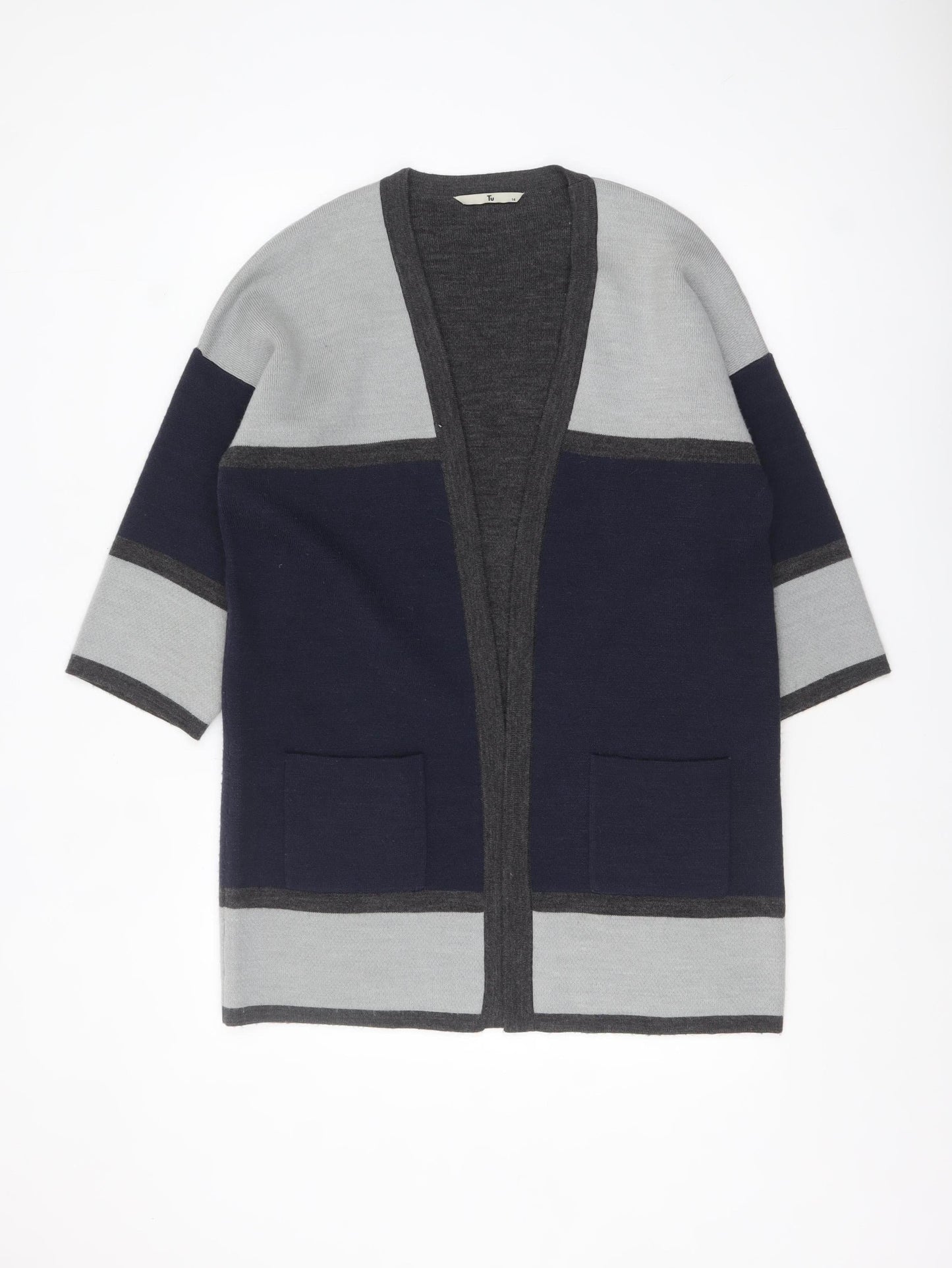 Tu Women’s Grey & Navy Relaxed Fit Open Knit Cardigan Size 14