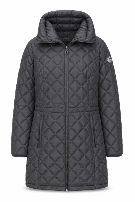 Michael Kors Womens Grey Long Quilted Down Puffer Coat Size M