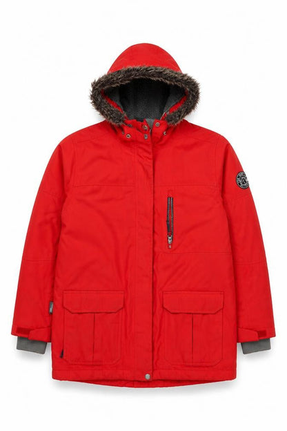 Front view of TOG24 boys’ red hooded parka coat jacket 11-12 years waterproof winter warm