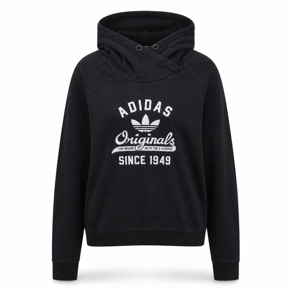 Front view of Adidas Originals Women Black Pullover Hoodie, size 16, Graphic Print