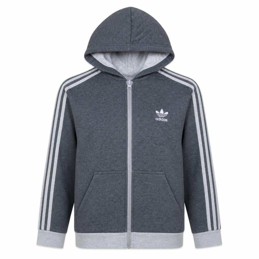 Front view of Adidas boys’ grey full zip hoodie 13-14 years classic sports logo