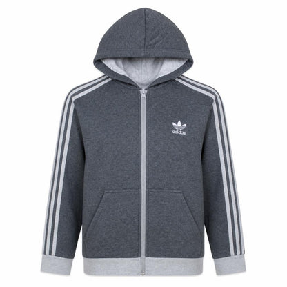 Front view of Adidas boys’ grey full zip hoodie 13-14 years classic sports logo