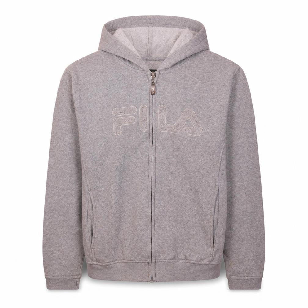 Front view of Fila women’s grey full zip hoodie l/xl classic casual sweatshirt