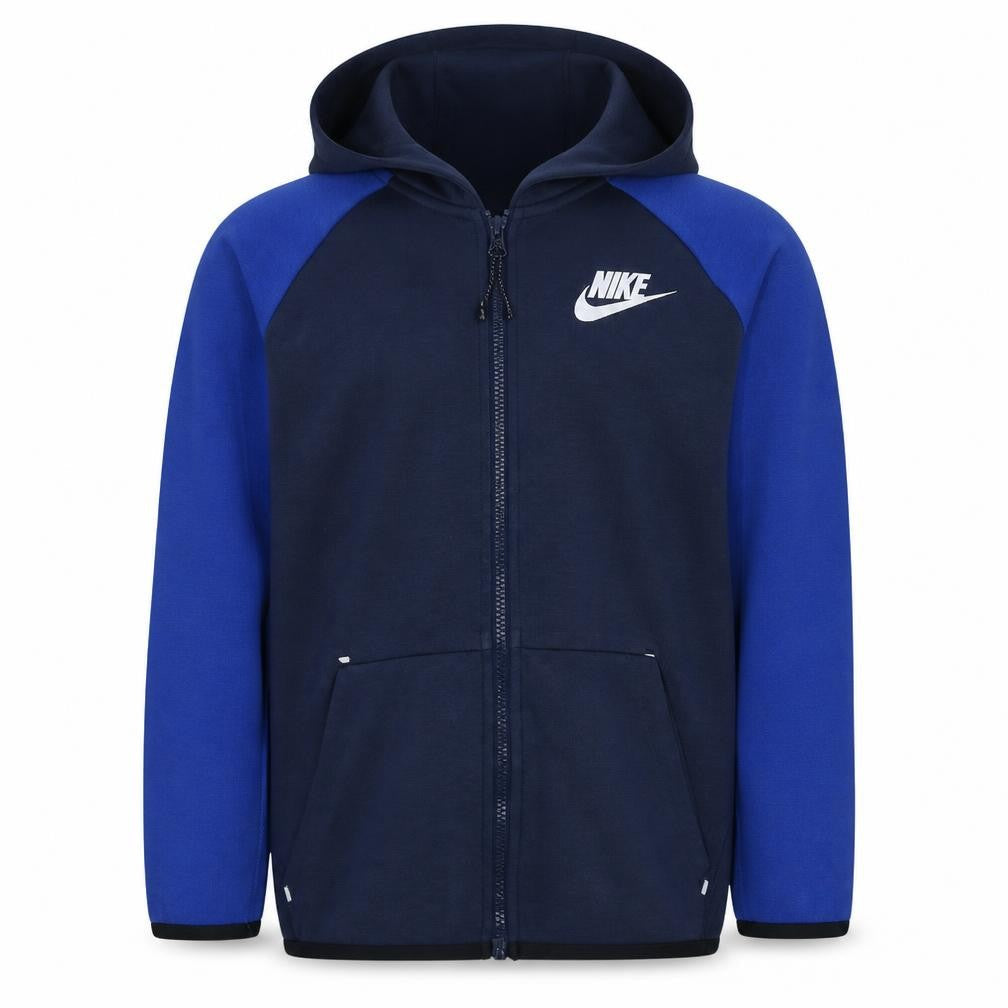 Front view of Nike boys’ blue full zip hoodie l 147-158cm colourblock sweatshirt