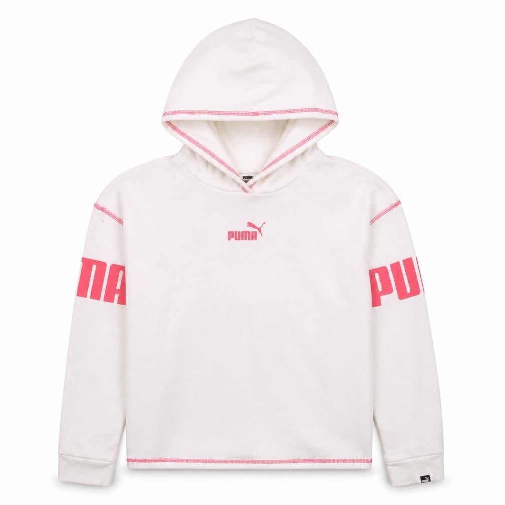 Front view of Puma girls’ white pink logo pullover hoodie 13-14 years