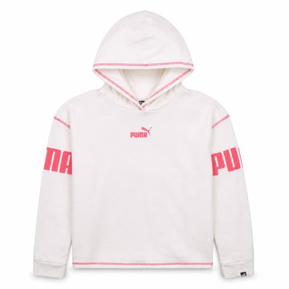 Front view of Puma girls’ white pink logo pullover hoodie 13-14 years