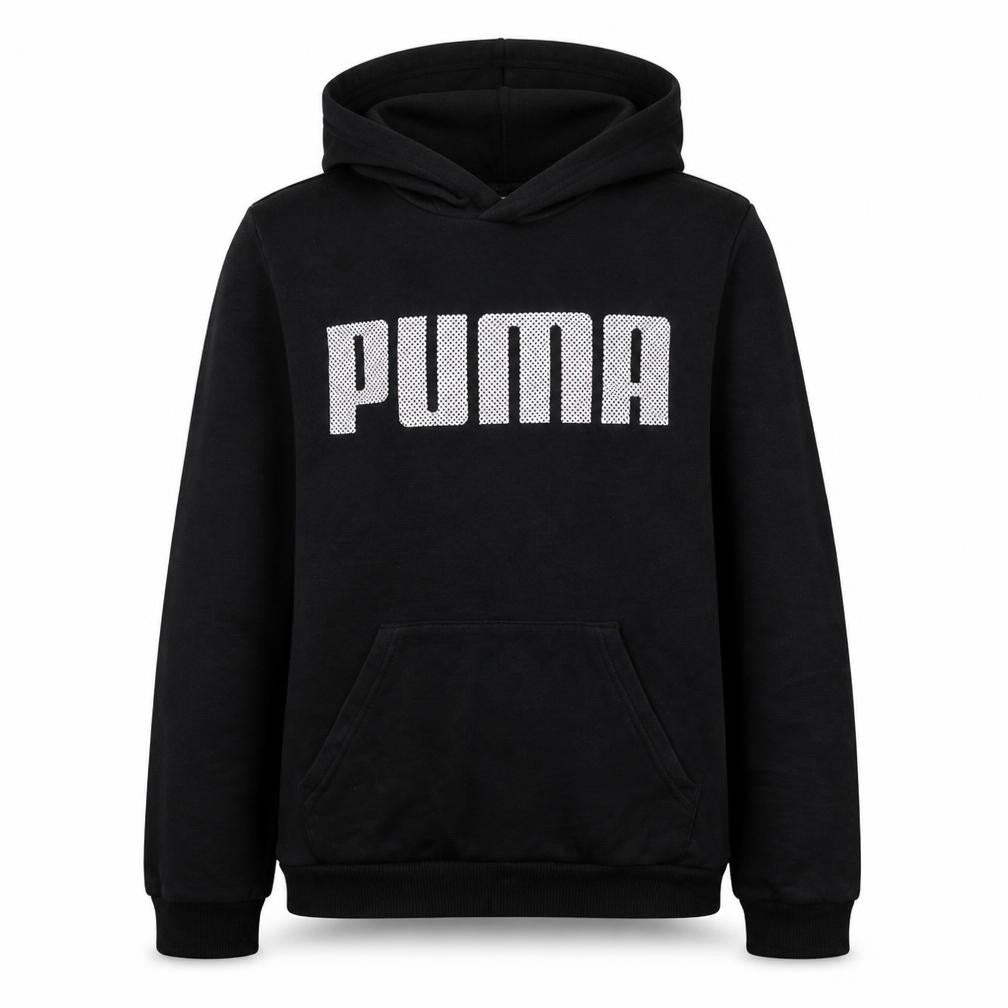 Front view of Puma boys’ black hoodie 13-14 years pullover fleece sweatshirt