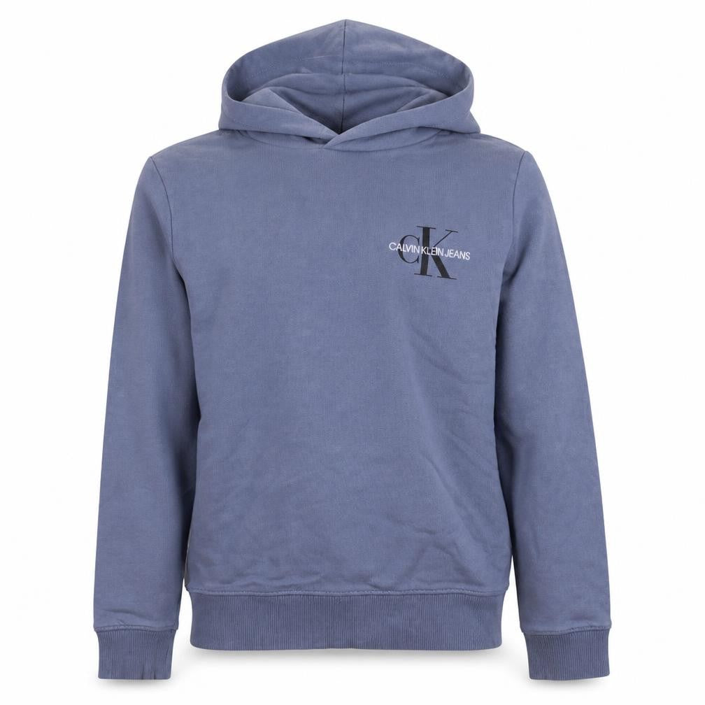 Front view of Calvin Klein Jeans boys’ blue pullover hoodie 12 years logo cotton stretch